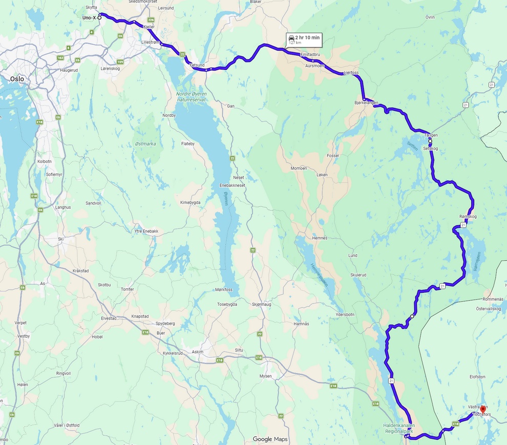 Kjørerute fra Gjelleråsen til Töcksfors